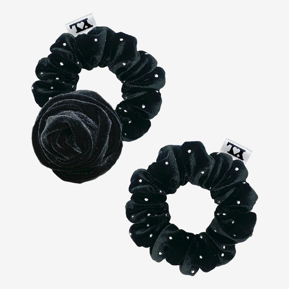 Rosy-rose scrunchies set, BLACK DOT (2pcs)